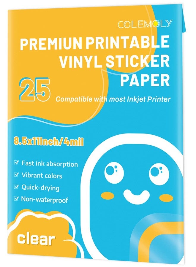 Colemoly Sticker Paper Clear Printable Vinyl for Inkjet Printer-25 Transparent Dry-Quick Sheets of 8.5’’x11’’ Decals and Labels Self-Adhesive Non-Waterproof Papers Tear Resistance Bright Color for DIY - Image 1