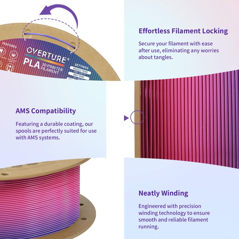 OVERTURE Rainbow PLA Filament 1.75mm, Neatly Wound 3D Printer Filament 1kg Spool (2.2lbs), Dimensional Accuracy +/- 0.02 mm, Fit Most FDM 3D Printers (Aurora Berry) - Image 5