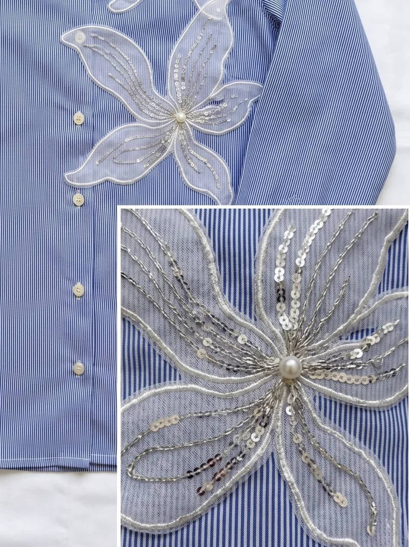 Outzidr  Blue Embroidered Stripe Blue Shirt for Women | Best Price UAE