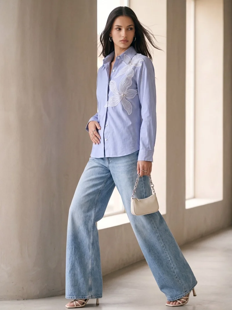 Outzidr  Blue Embroidered Stripe Blue Shirt for Women | Best Price UAE