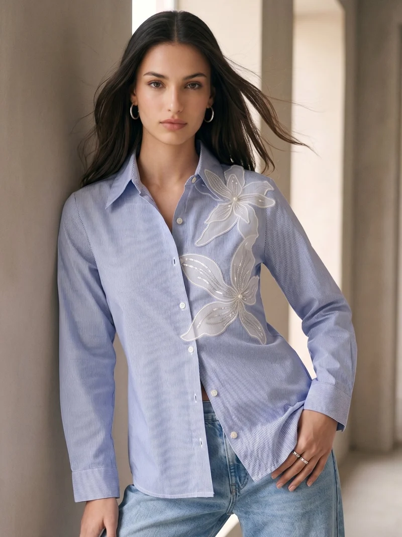 Outzidr  Blue Embroidered Stripe Blue Shirt for Women | Best Price UAE