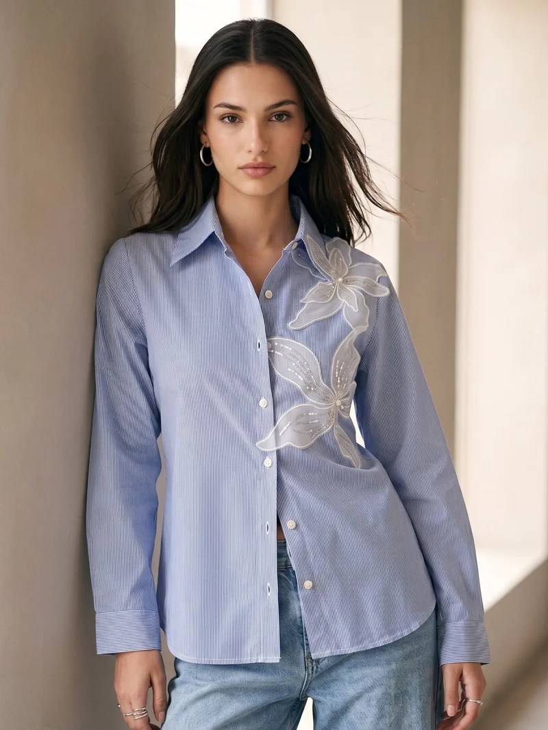 Blue Embroidered Stripe Blue Shirt