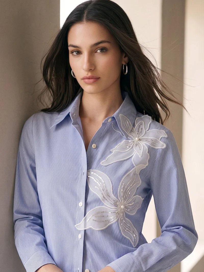 Outzidr  Blue Embroidered Stripe Blue Shirt for Women | Best Price UAE