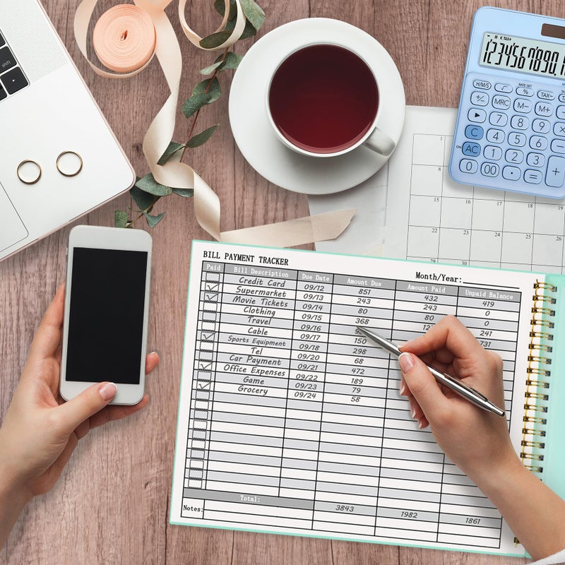 HAUTOCO Bill Tracker Notebook Monthly Bill Payment Tracker for Personal Budgeting Home Financial with 2 Storage Pocket, Payments Checklist Organizer Bill Planner 10.1 x 7.8'', Mint Green - Image 4