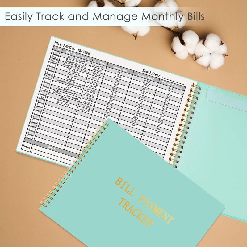 HAUTOCO Bill Tracker Notebook Monthly Bill Payment Tracker for Personal Budgeting Home Financial with 2 Storage Pocket, Payments Checklist Organizer Bill Planner 10.1 x 7.8'', Mint Green - Image 2