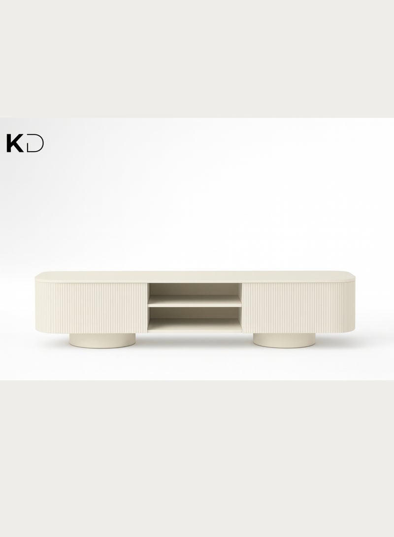 KUSTOMDECO Modern Floating Dune TV Unit Stand with Storage – Minimalist White Media Console, Entertainment Center with Cabinets & Open Shelves – Stylish Living Room Furniture For UAE Homes - Image 1