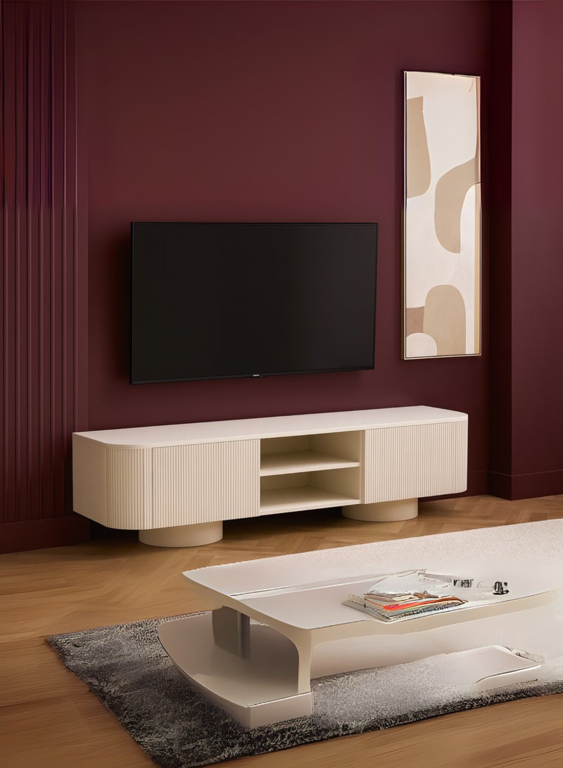 KUSTOMDECO Modern Floating Dune TV Unit Stand with Storage – Minimalist White Media Console, Entertainment Center with Cabinets & Open Shelves – Stylish Living Room Furniture For UAE Homes - Image 5