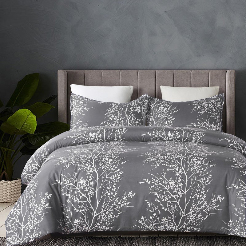 Vaulia Soft Lightweight Microfiber Duvet Cover Set Grey and White Floral Branches Prints  Twin Size