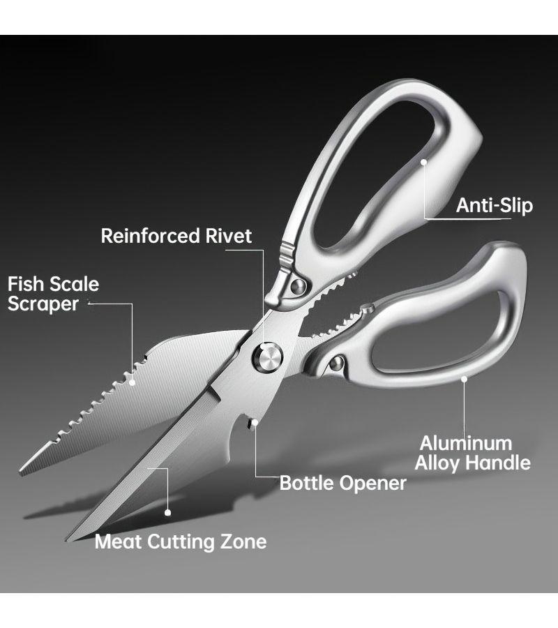 Stainless Steel Kitchen Shears With Thick Handles Multi Functional Three In One Scissors For Chicken Bone Nut Cracking Bottle Opening And Fish Scaling - Image 1
