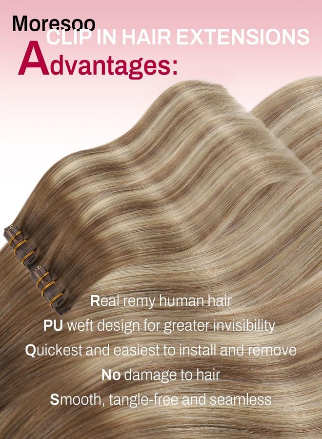 Moresoo Seamless Clip in Human Hair Extensions Light Brown to Dirty Blonde Balayage Human Hair Clip in Extensions Remy Human Hair Straight Clip ins Extensions Invisible 120g/7pcs 20 inch - Image 2