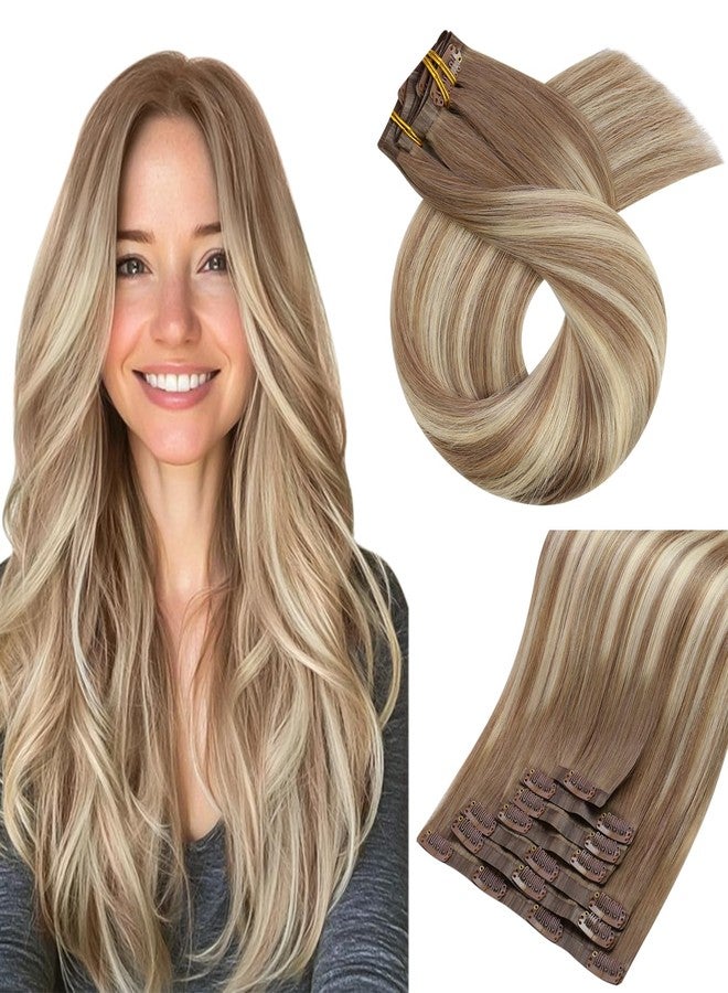 Moresoo Seamless Clip in Human Hair Extensions Light Brown to Dirty Blonde Balayage Human Hair Clip in Extensions Remy Human Hair Straight Clip ins Extensions Invisible 120g/7pcs 20 inch - Image 1