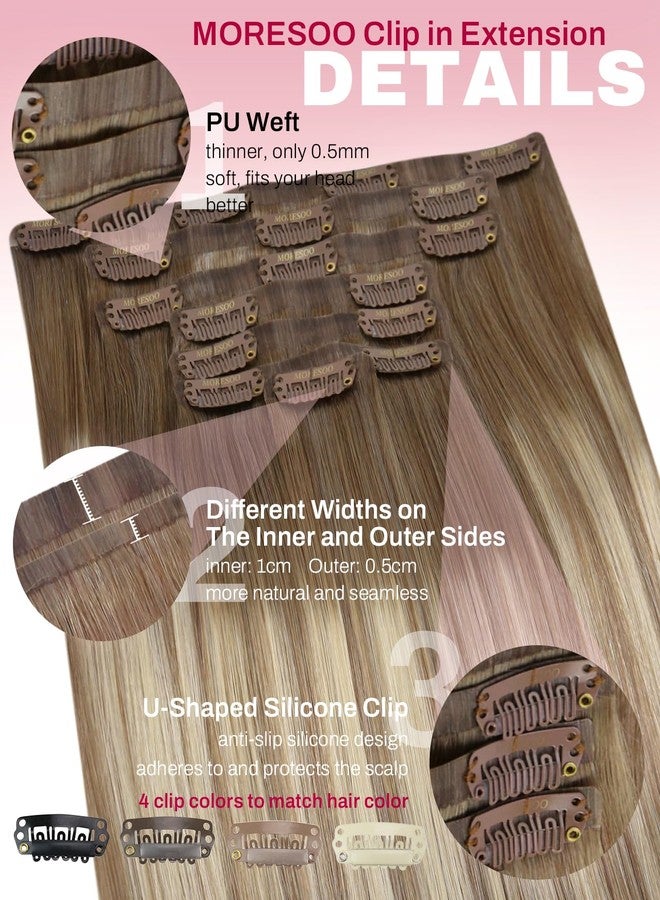 Moresoo Seamless Clip in Human Hair Extensions Light Brown to Dirty Blonde Balayage Human Hair Clip in Extensions Remy Human Hair Straight Clip ins Extensions Invisible 120g/7pcs 20 inch - Image 4