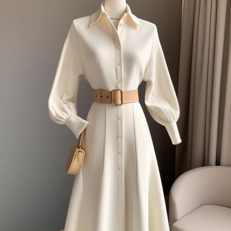 Atmospheric Fashionable Commuting Style White dress Korean Autumn and Winter New Slimming Shirt A- line Skirt White [fabric]]