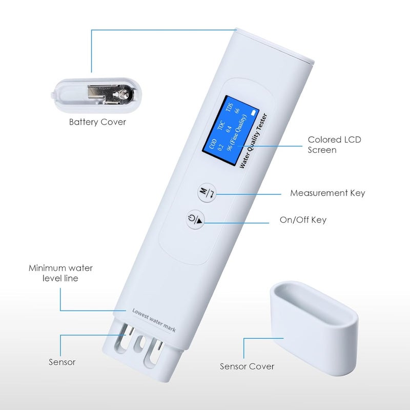 JuviPerpric جهاز اختبار جودة المياه TDS، 6 في 1 جهاز اختبار مياه رقمي، COD/TOC/TDS/UV275/EC/درجة الحرارة لاختبار جودة المياه للشرب، الآبار، الصنبور، والمياه المنقاة - Image 5