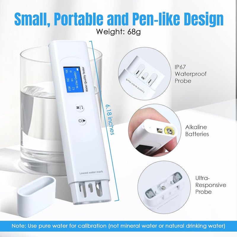 JuviPerpric جهاز اختبار جودة المياه TDS، 6 في 1 جهاز اختبار مياه رقمي، COD/TOC/TDS/UV275/EC/درجة الحرارة لاختبار جودة المياه للشرب، الآبار، الصنبور، والمياه المنقاة - Image 2