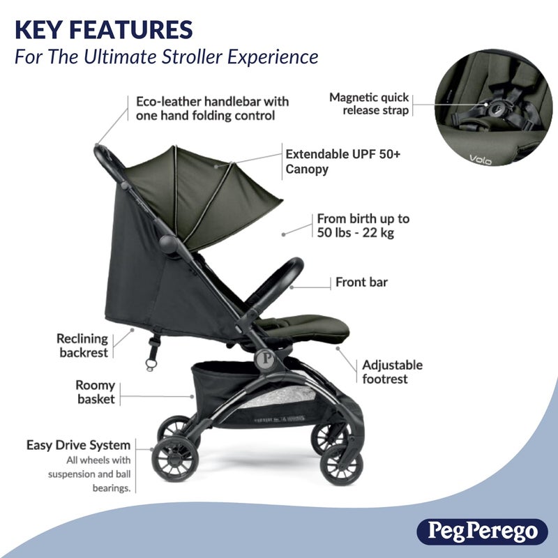 Peg Perego Volo Ultra Lightweight Carry On Compliant Travel Stroller Adjustable Features  Reclining Seat  Designed for Everyday Comfort from Newborn to 50lbs Blue Shine Blue  Copper - Image 3