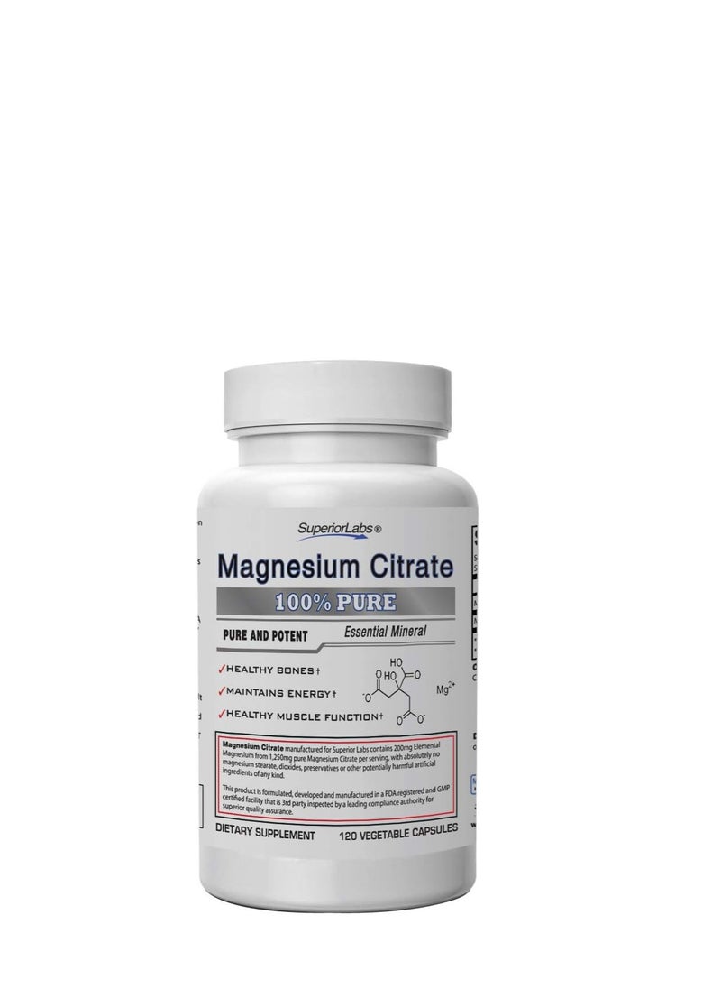 Superior Labs - Superior Labs Magnesium Citrate - 100% NonGMO Safe from Additives, Stearates- Powerful Dose for Sleep, Cramps, Twitches - 1,250mg Citrate, 120 Vegetable Caps - Image 1