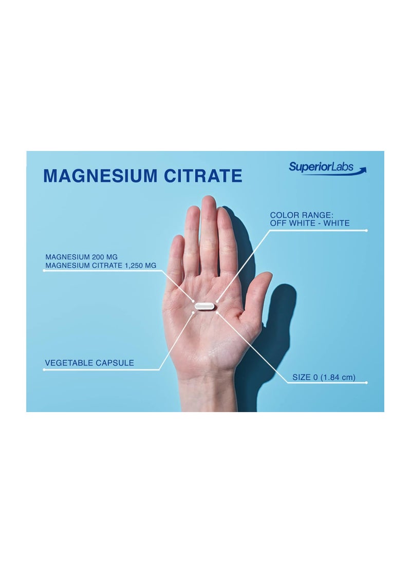Superior Labs - Superior Labs Magnesium Citrate - 100% NonGMO Safe from Additives, Stearates- Powerful Dose for Sleep, Cramps, Twitches - 1,250mg Citrate, 120 Vegetable Caps - Image 1