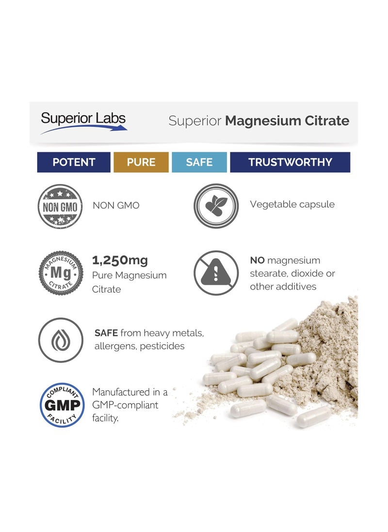 Superior Labs - Superior Labs Magnesium Citrate - 100% NonGMO Safe from Additives, Stearates- Powerful Dose for Sleep, Cramps, Twitches - 1,250mg Citrate, 120 Vegetable Caps - Image 1