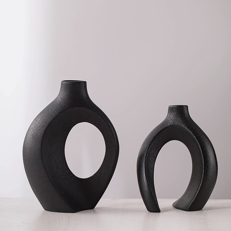 Liotww Black Vases Home Decor Set Of 2  Ceramic Black Small Flower Vase  Minimalist Boho Decorative Modern Donut Vase For Farmhouse Living Dining Room Office Entryway Bookshelf Coffee Table D?Cor - Image 4