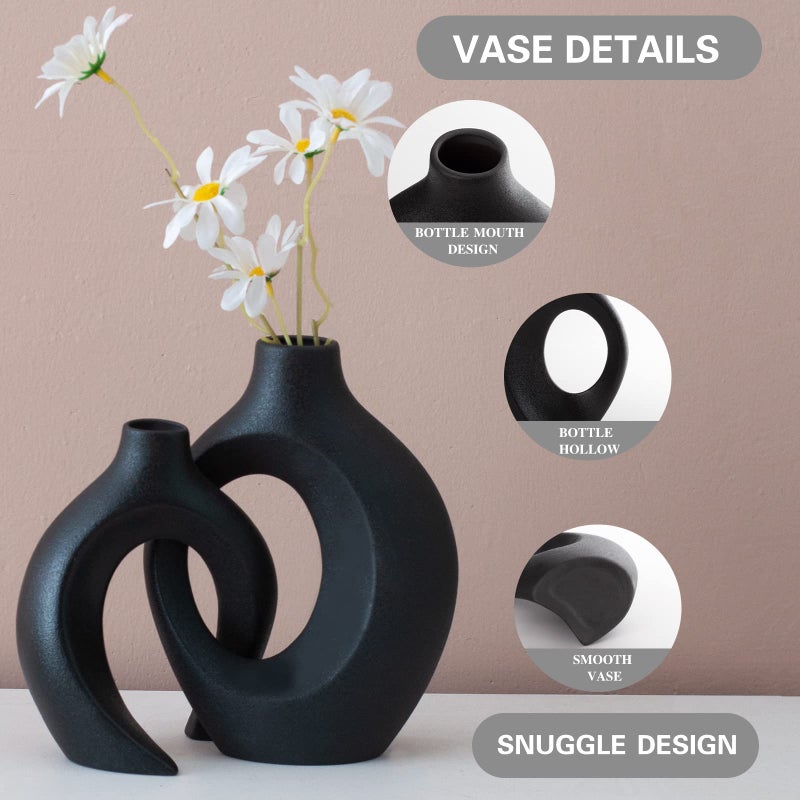Liotww Black Vases Home Decor Set Of 2  Ceramic Black Small Flower Vase  Minimalist Boho Decorative Modern Donut Vase For Farmhouse Living Dining Room Office Entryway Bookshelf Coffee Table D?Cor - Image 3