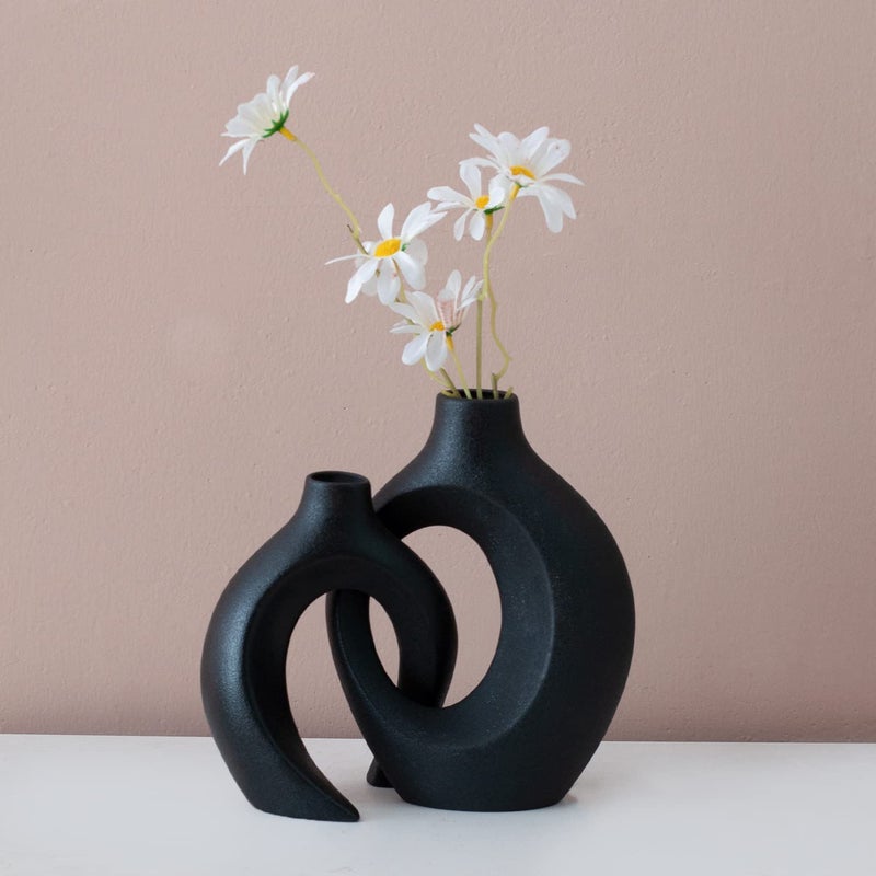 Liotww Black Vases Home Decor Set Of 2  Ceramic Black Small Flower Vase  Minimalist Boho Decorative Modern Donut Vase For Farmhouse Living Dining Room Office Entryway Bookshelf Coffee Table D?Cor - Image 5