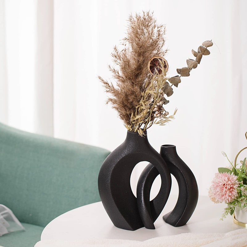 Liotww Black Vases Home Decor Set Of 2  Ceramic Black Small Flower Vase  Minimalist Boho Decorative Modern Donut Vase For Farmhouse Living Dining Room Office Entryway Bookshelf Coffee Table D?Cor - Image 1