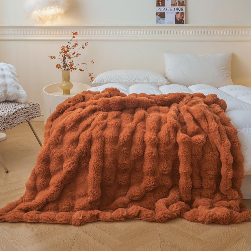 LIFEREVO Fluffy Faux Rabbit Fur Bubble Throw, Plush Shaggy Blanket for Couch Sofa Chair, Soft Cute Furry Bed Blanket Adults Kids Teens Girls, Fuzzy Throw for Bedroom Living Room, 50x60, Burnt Orange - Image 1