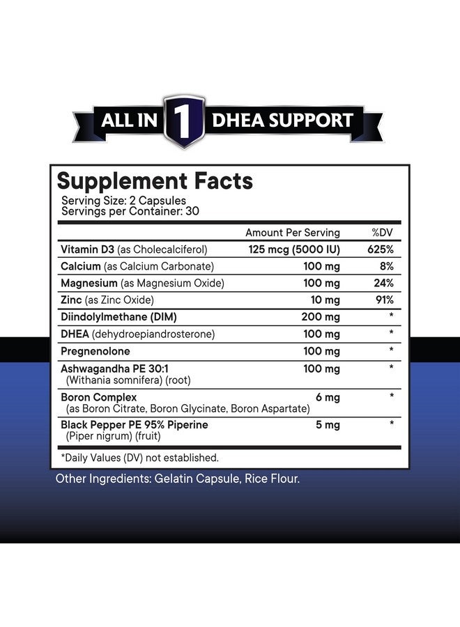 NEW AGE DHEA Supplement - Pregnenolone for Men & Women with DIM, Ashwagandha, Boron, Calcium, Magnesium, Zinc, Vitamin D3 5000iu - Support Capsules - 120 Count - Image 2