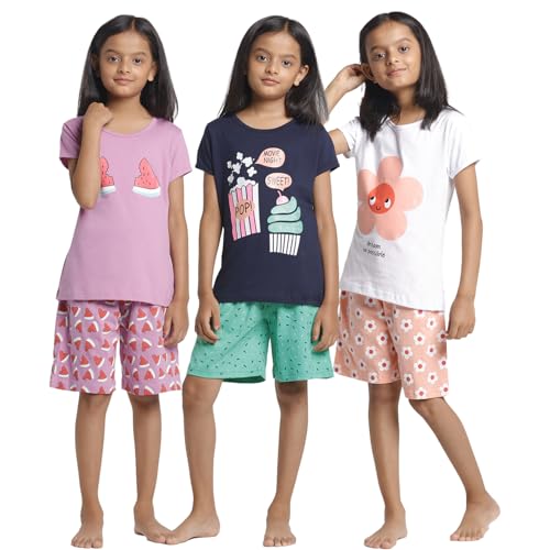 T2F Girls Cotton Printed Regular Fit T-Shirt and Shorts Clothing Set (Pack of 3) - Image 1