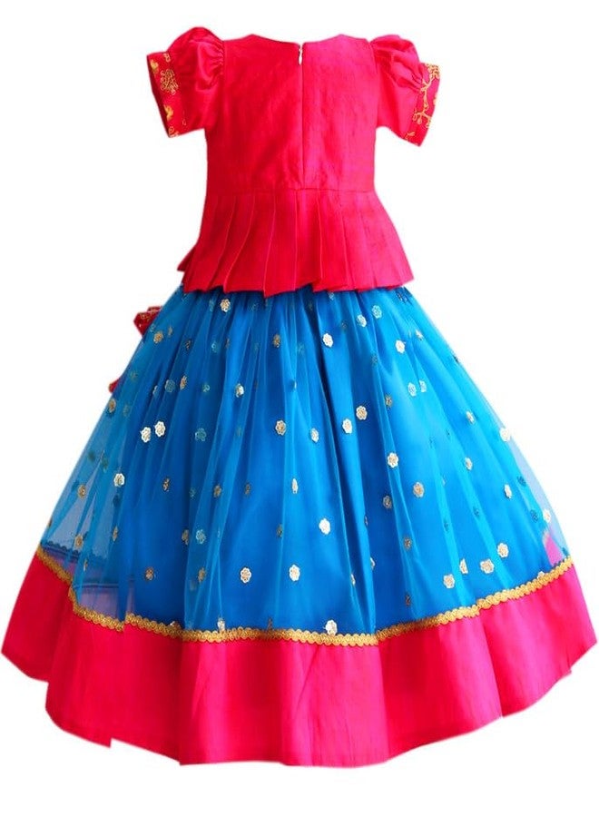 Stanwells Kids Sequined Sky Blue & Pink Combo Baby-Girl Readymade Sequins Embroidery South Indian Lehenga Choli Set, 6-12 Months - Image 5