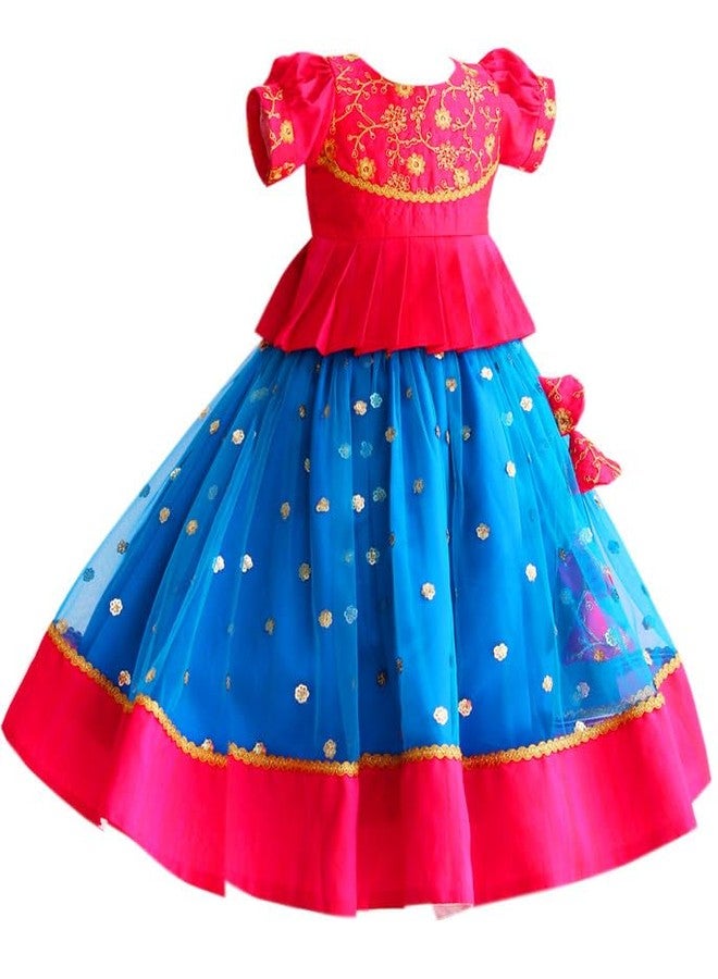 Stanwells Kids Sequined Sky Blue & Pink Combo Baby-Girl Readymade Sequins Embroidery South Indian Lehenga Choli Set, 6-12 Months - Image 2