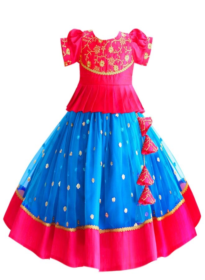 Stanwells Kids Sequined Sky Blue & Pink Combo Baby-Girl Readymade Sequins Embroidery South Indian Lehenga Choli Set, 6-12 Months - Image 1