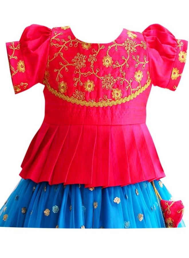 Stanwells Kids Sequined Sky Blue & Pink Combo Baby-Girl Readymade Sequins Embroidery South Indian Lehenga Choli Set, 6-12 Months - Image 3