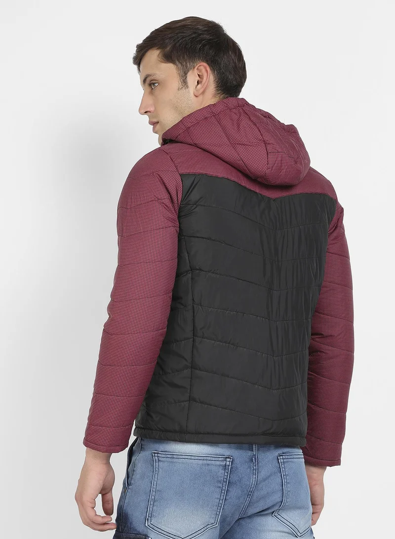 CAHOOT  Men's Black & Maroon Micro-Checkered Quilted Puffer Jacket for Men | Best Price UAE