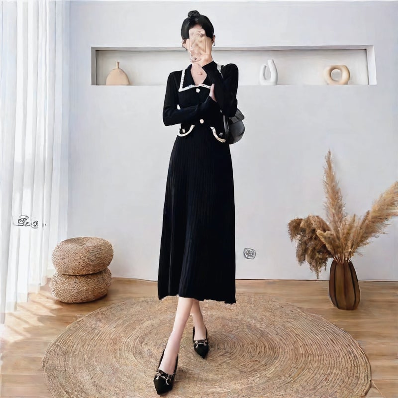 Chic Knit Dress with Turn-Down Collar, High-Waist Midi Length, Slim Fit for Women - Image 2