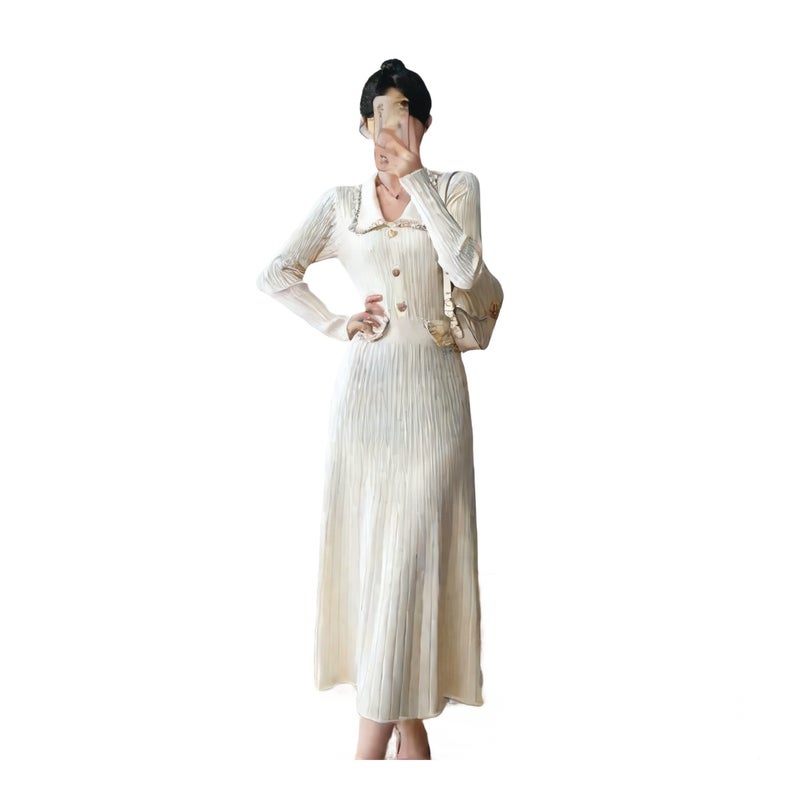 Chic Knit Dress with Turn-Down Collar, High-Waist Midi Length, Slim Fit for Women - Image 1