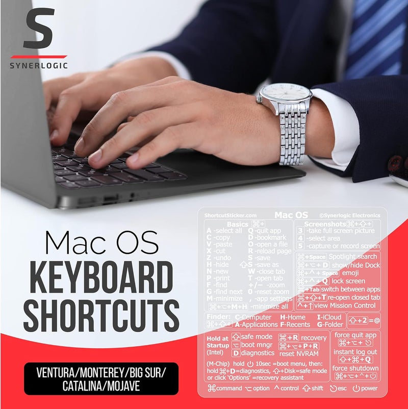 Synerlogic (قطعتان) ملصق اختصارات Mac OS | ملصقات لوحة المفاتيح لنظام macOS | ورقة غش من الفينيل المصفح بدون بقايا لجهاز MacBook المحمول | اختصارات MacBook 2025 (شفاف/أبيض/عبوة من قطعتين) - Image 2