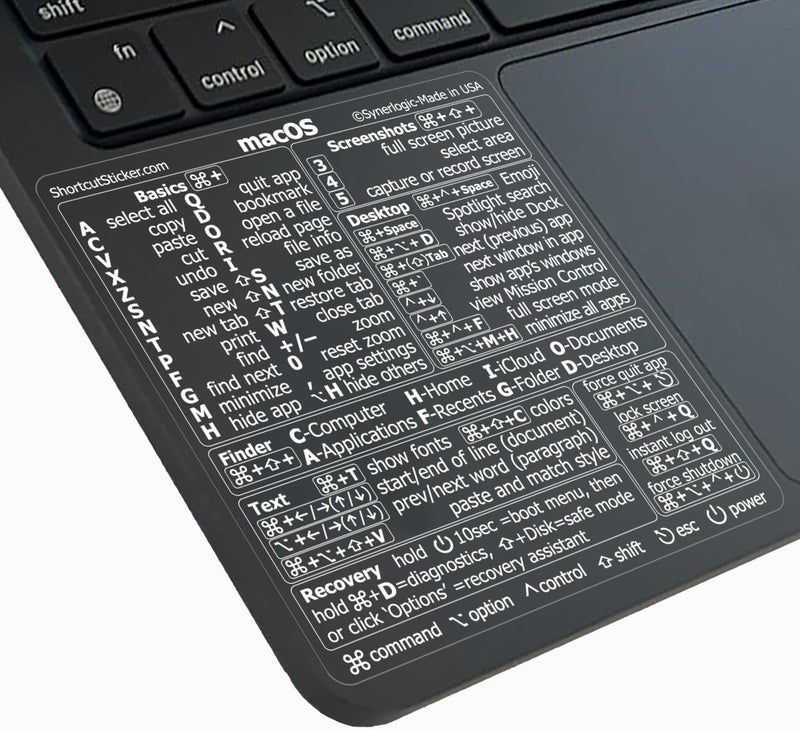 Synerlogic (قطعتان) ملصق اختصارات Mac OS | ملصقات لوحة المفاتيح لنظام macOS | ورقة غش من الفينيل المصفح بدون بقايا لجهاز MacBook المحمول | اختصارات MacBook 2025 (شفاف/أبيض/عبوة من قطعتين) - Image 1