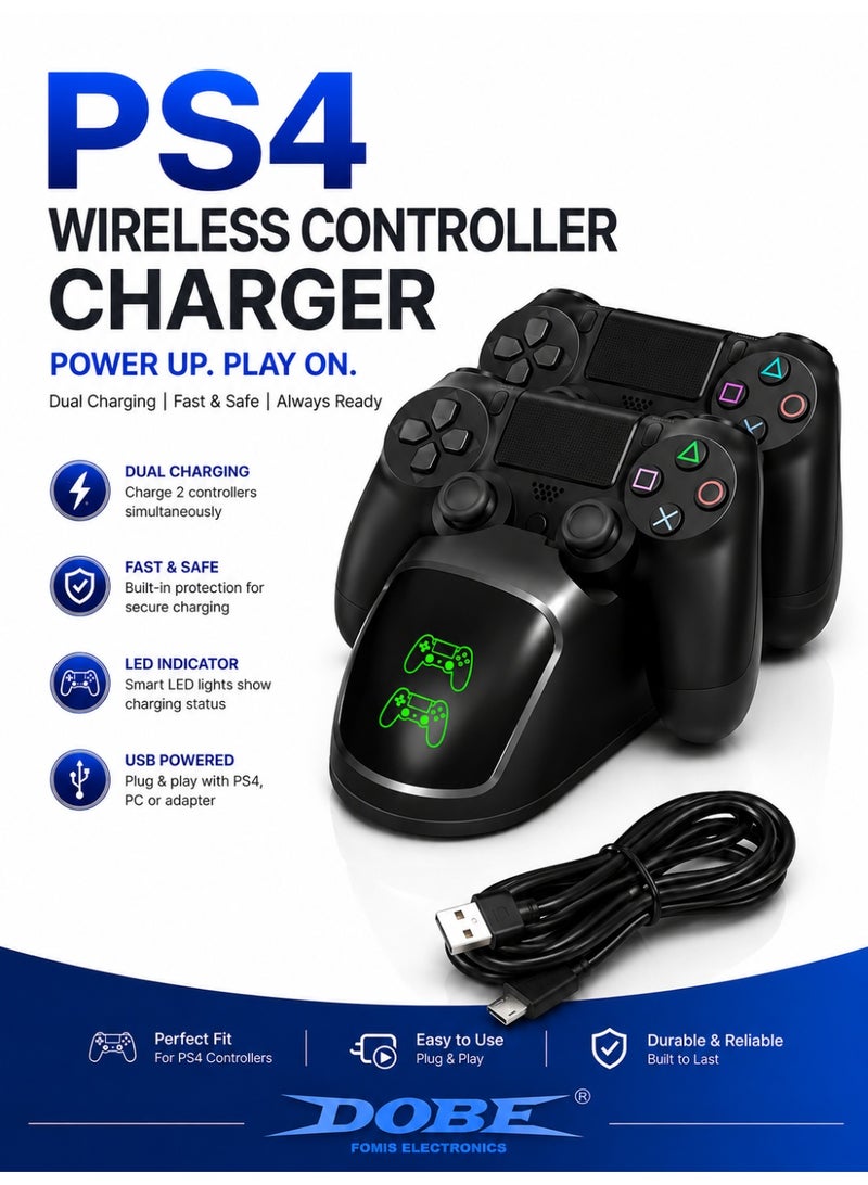 دوبي قاعدة شحن مزدوجة لاسلكية لوحدات تحكم PS4 مزودة بمؤشر شحن LED، وحامل شحن سريع عبر USB لوحدات تحكم PlayStation 4. - Image 1