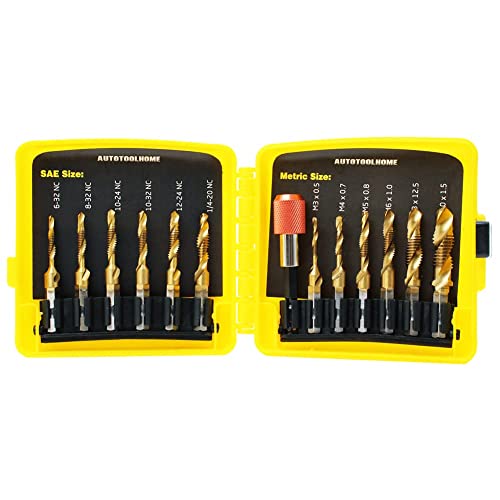 AUTOTOOLHOME Titanium Combination Drill Tap Bit Set 13PCS SAE and Metric Tap Bits Kit for Screw Thread Drilling Tapping Deburring Countersinking - Image 1