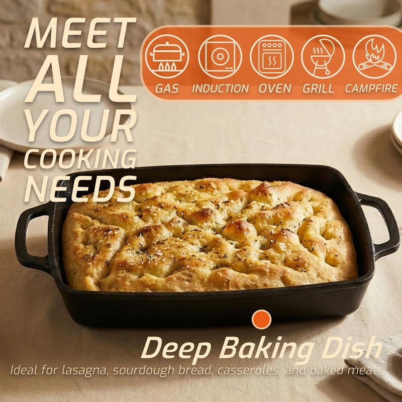 IPROUDER 2-in-1 Pre-Seasoned Cast Iron Casserole Dish with Skillet Lid, Cast Iron Dutch Oven, Rectangular Baking Pan, Baking Dish for Lasagna, Sourdough Bread,13"x9" - Image 3