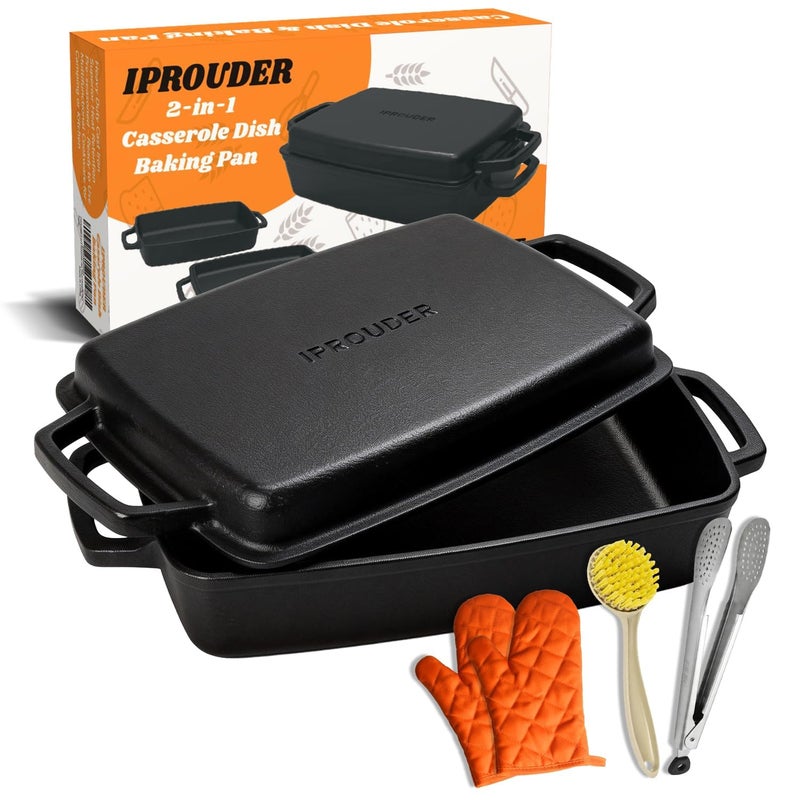 IPROUDER 2-in-1 Pre-Seasoned Cast Iron Casserole Dish with Skillet Lid, Cast Iron Dutch Oven, Rectangular Baking Pan, Baking Dish for Lasagna, Sourdough Bread,13"x9" - Image 1