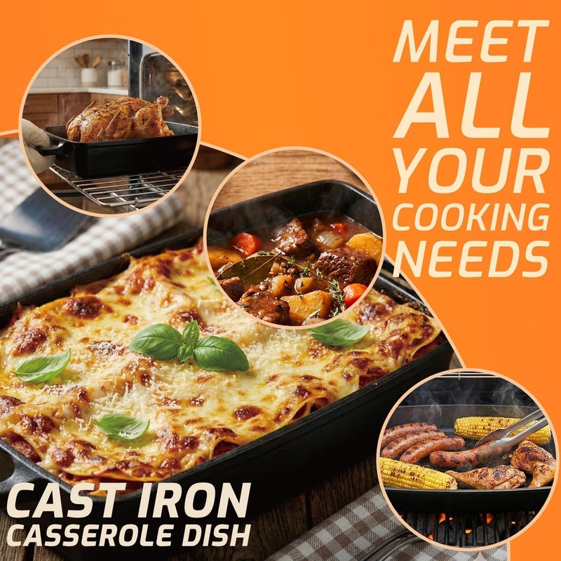 IPROUDER 2-in-1 Pre-Seasoned Cast Iron Casserole Dish with Skillet Lid, Cast Iron Dutch Oven, Rectangular Baking Pan, Baking Dish for Lasagna, Sourdough Bread,13"x9" - Image 4