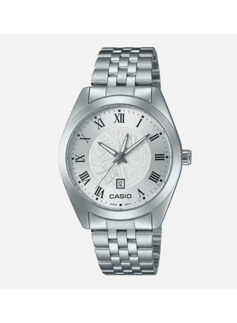 Casio Men's Classic Analog Watch - Silver Dial with Arabic Calligraphy, Roman Numerals, Stainless Steel Band - MTP-V004D-7B2