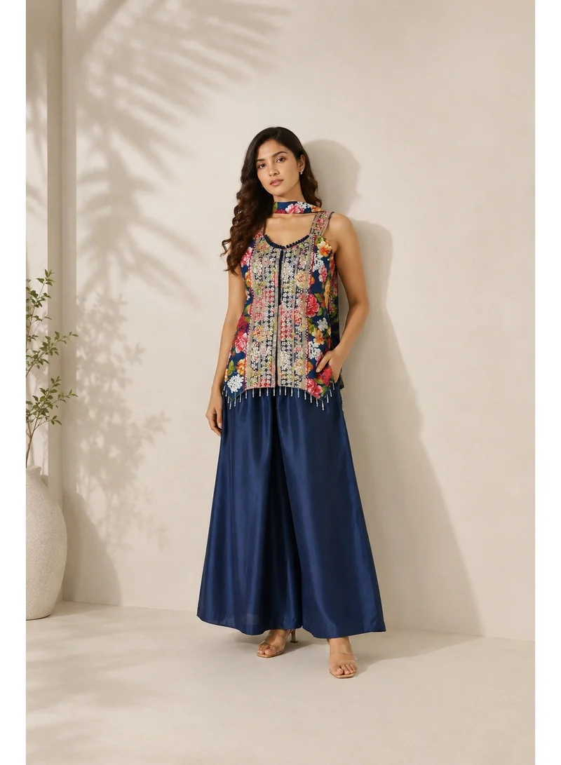 Lehar Women's Navy Blue Floral Printed Embellished Kurta with Wide-Leg Palazzo Pants & Dupatta Set