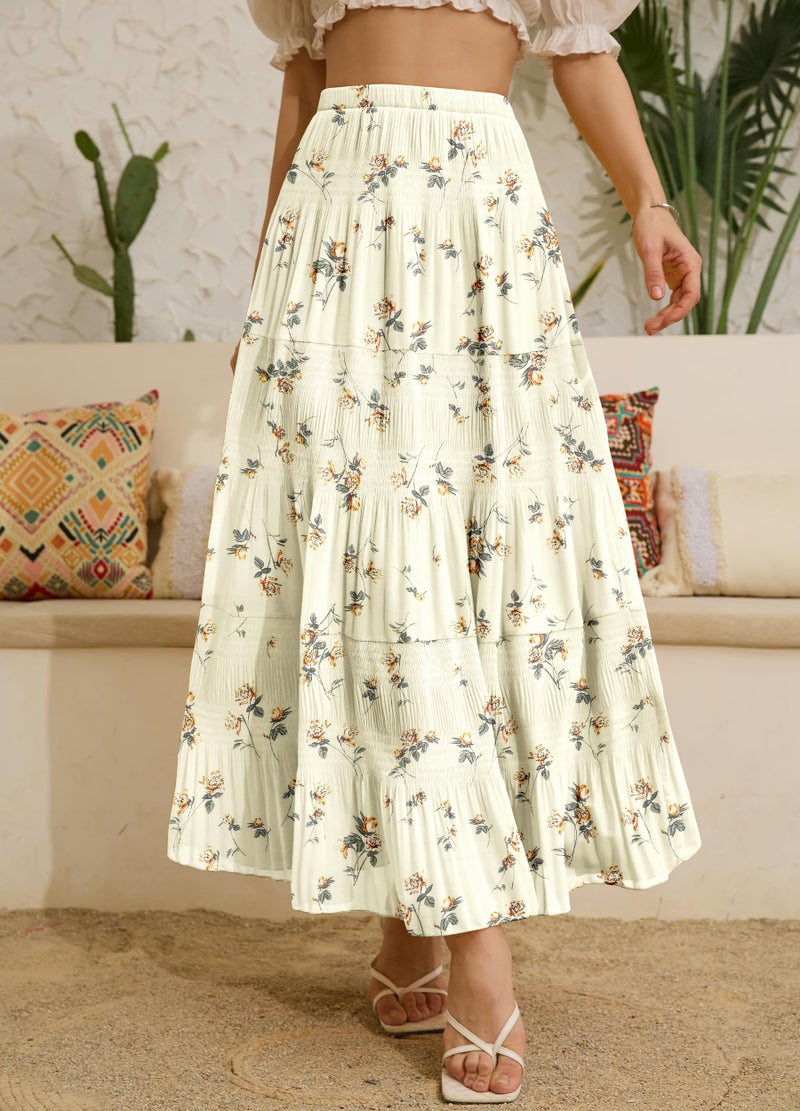 NiPaMi Women's Chiffon White Flowy Maxi Skirt Boho Summer Elastic Waisted Pleated A Line Long Skirts for Women 2026(Beige Floral-23,M) - Image 3