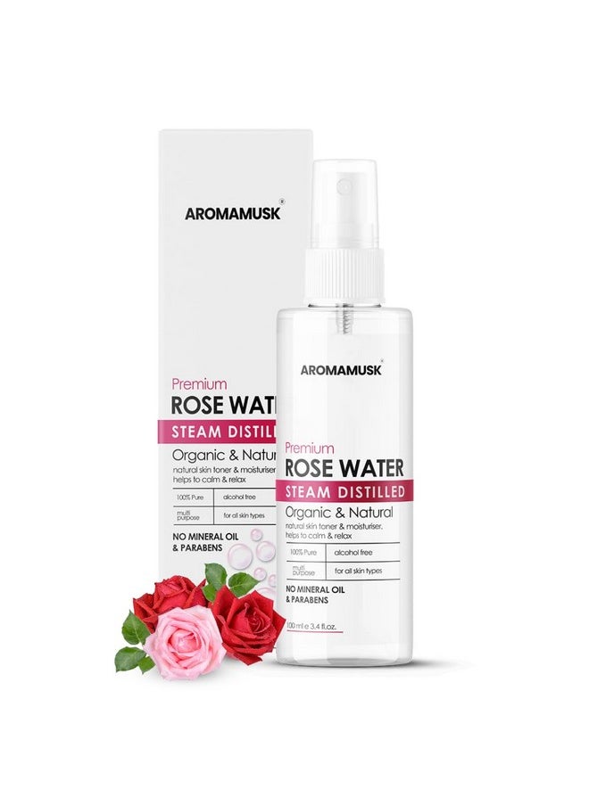 AromaMusk - 100% Organic & Natural Premium Rose Water/Skin Toner (Gulab Jal) For Face & Skin, 100Ml (Steam Distilled, No Alcohol, Chemical & Paraben Free) - Image 1