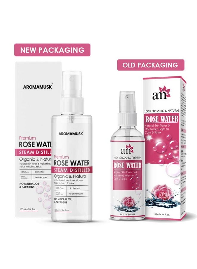 AromaMusk - 100% Organic & Natural Premium Rose Water/Skin Toner (Gulab Jal) For Face & Skin, 100Ml (Steam Distilled, No Alcohol, Chemical & Paraben Free) - Image 1