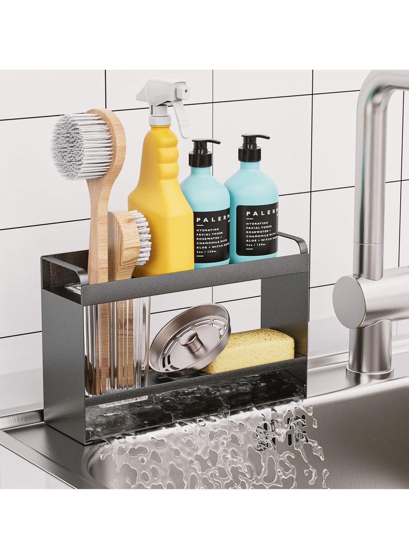 SYOSI Sponge Holder for Kitchen Sink, 2-Tier Rustproof Sink Organizer with Detachable Brush Holder, Auto-Draining Sink Caddy for Dish Soap, Brush, Scrubber, and Kitchen Accessories Storage, Black - Image 1